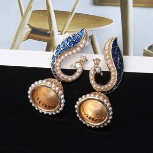 Boho Ethnic Indian Bell Drop Hoop Blue Gold Pearl Drop Earrings Vintage Jewelry